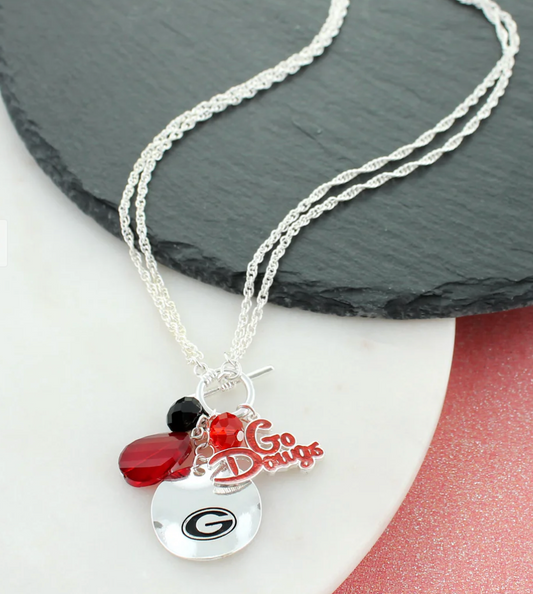 UGA Crystal Logo Disc & Slogan Cluster Necklace